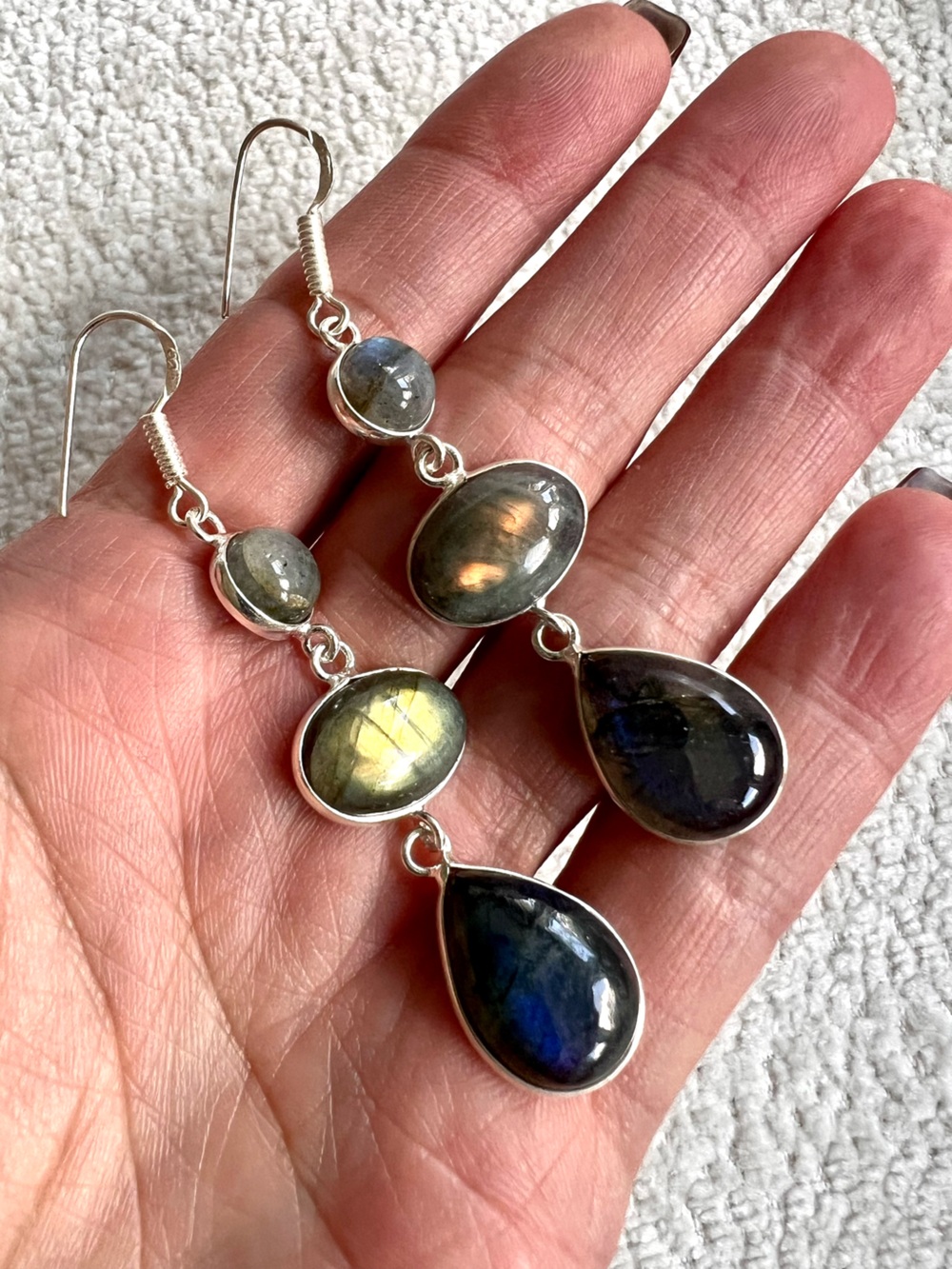 925 Northern Lights Flash Labradorite Triple Drop Earrings